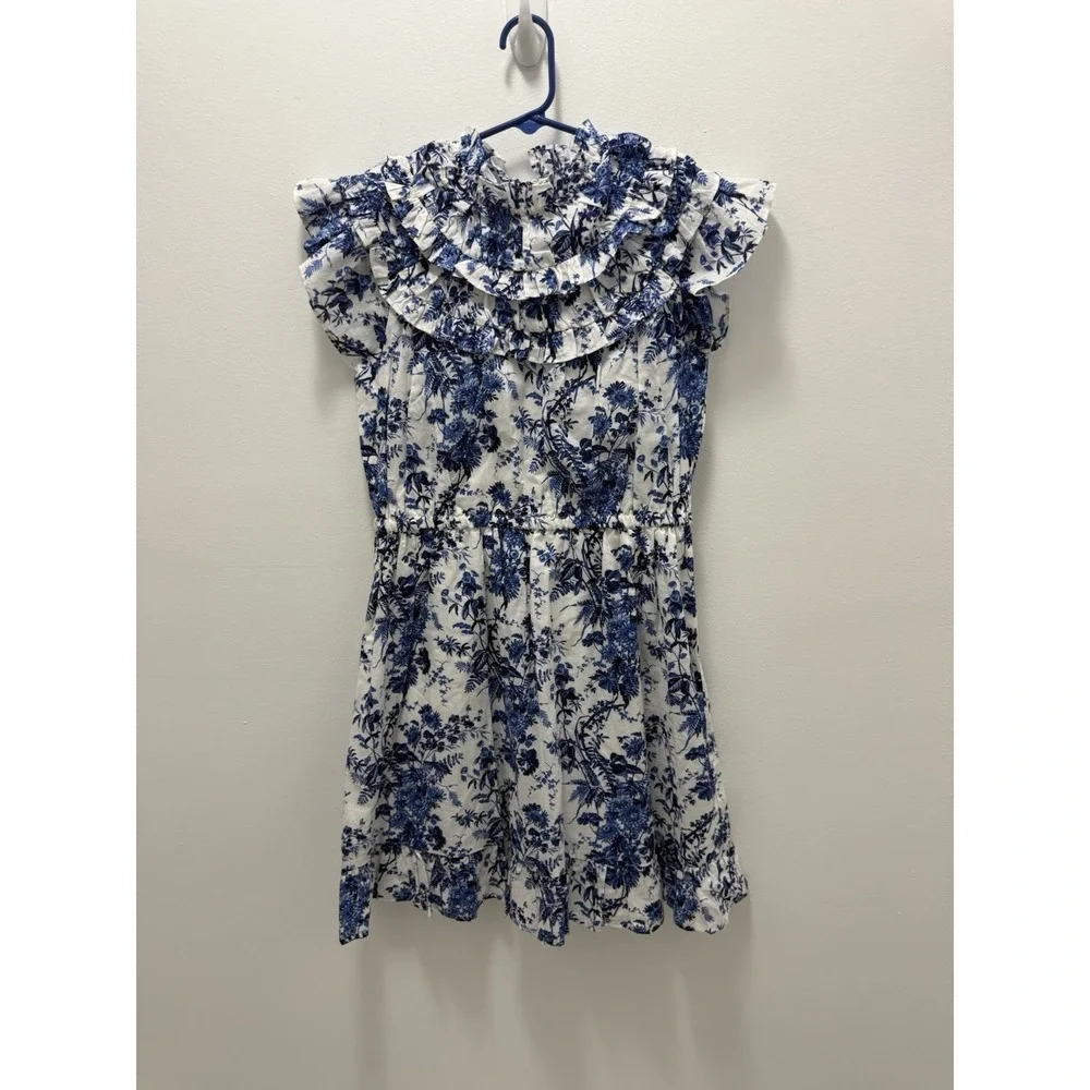 Janie and Jack Girls Size 14 Blue Jet Ivory Floral Ruffle Toile Ruffle Dress
